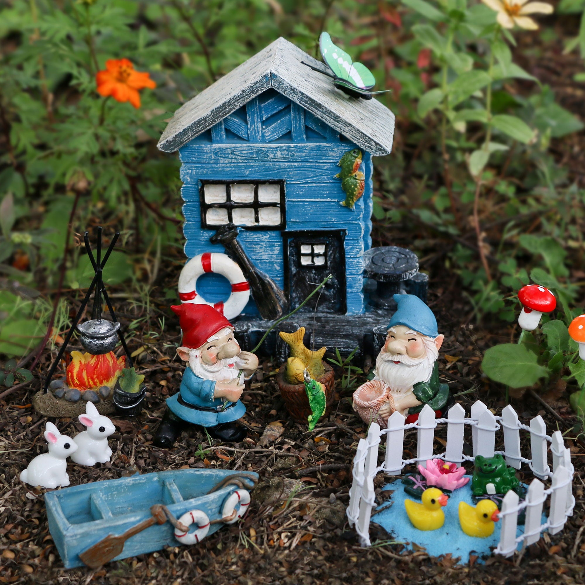 Miniature Fairy Garden Kit Gnomes Garden Decoration Small Flower Fairy Garden Accessories Gnome Figurines Fishing Gnome Statue Fairy House Fence Mushroom Outdoor Indoor Home Yard Patio Garden Decor