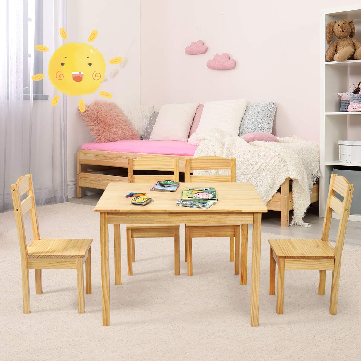 Costzon Kids Table and Chair Set, 5 Piece Wood Activity Table & Chairs (Natural)