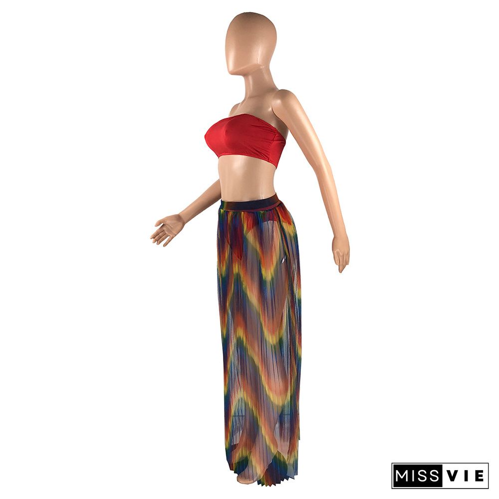 Sexy Off The Shoulder Wrap Chest Crop Top+Underpants+Rainbow Ruched Maxi Skirts Summer Bohemian 3 Piece Set