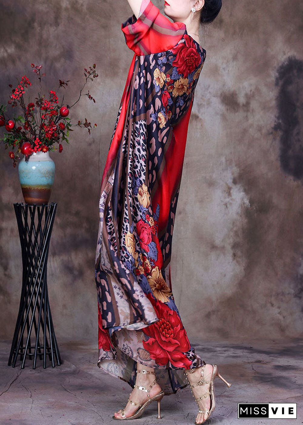 Bohemian Red O-Neck Print Side Open Silk Long Dress Short Sleeve