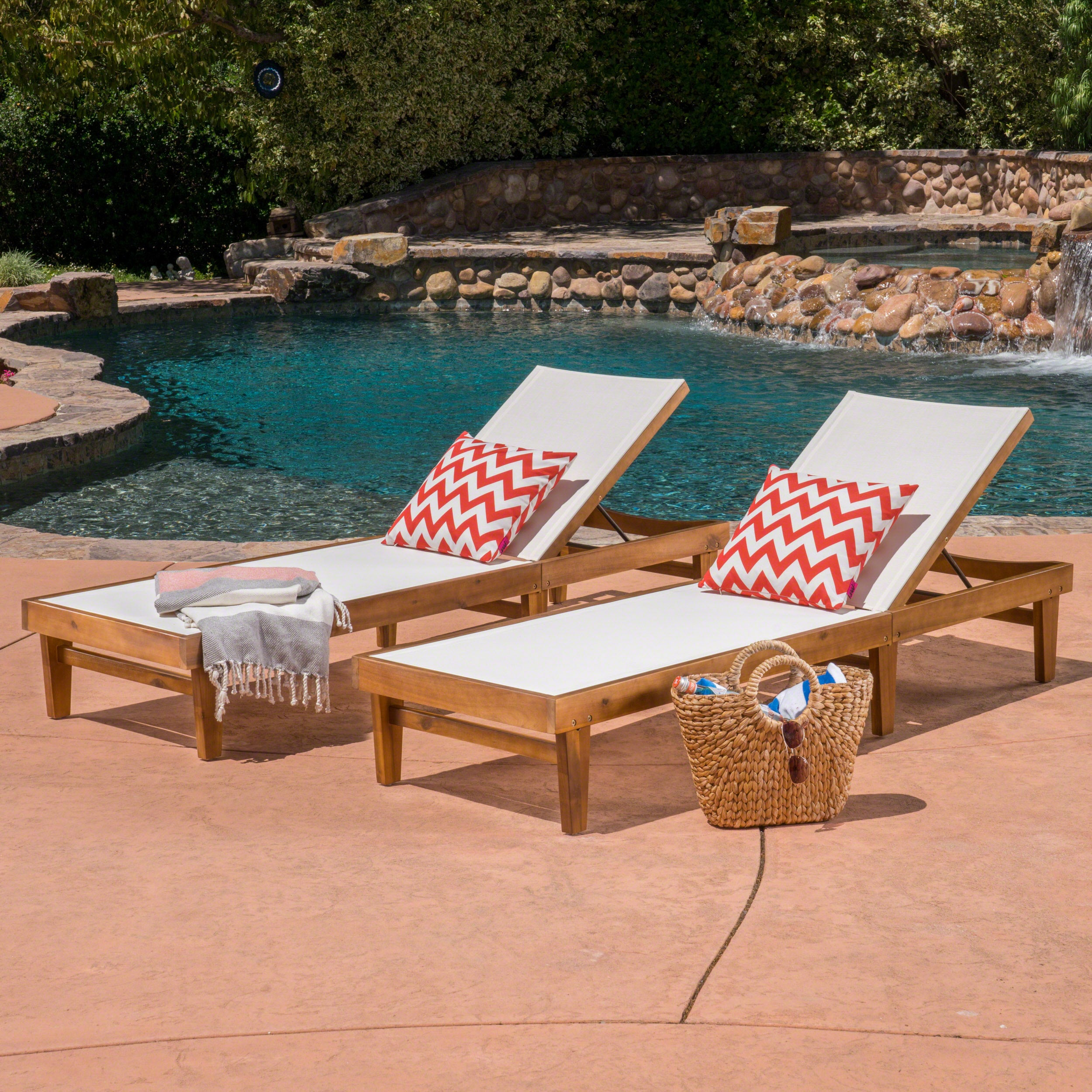 Shiny Outdoor Mesh and Wood Chaise Lounge (Set of 2)