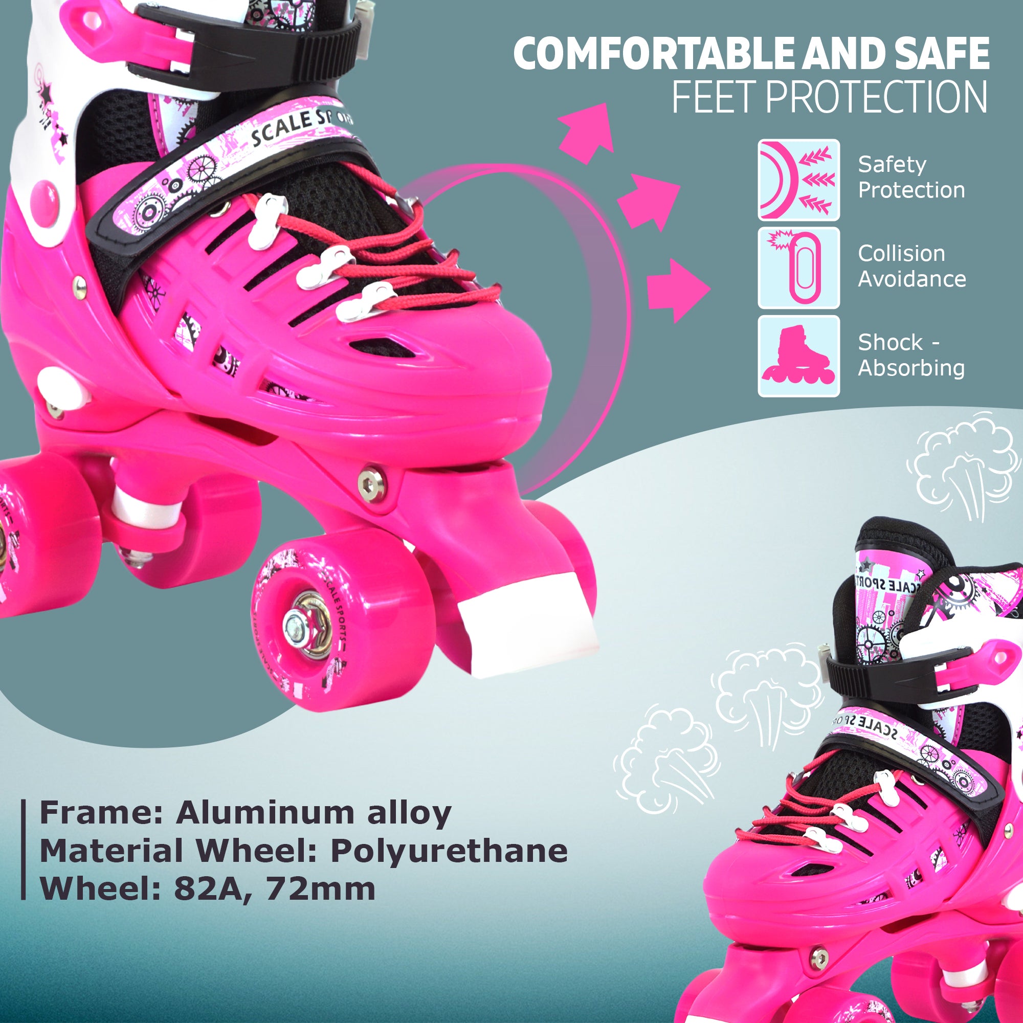 Adjustable Pink Quad Roller Skates For Kids Small Sizes