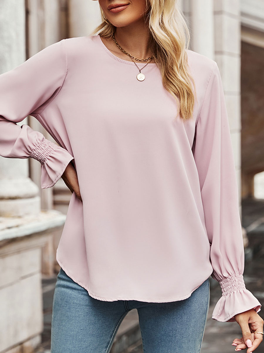 Round Neck Casual Loose Solid Color Long Sleeve Blouse