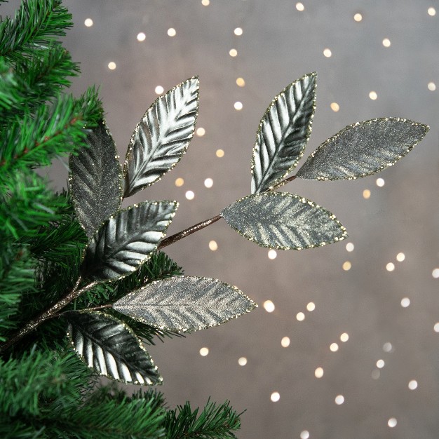 Gray Glitter Textured Leaves Christmas Spray