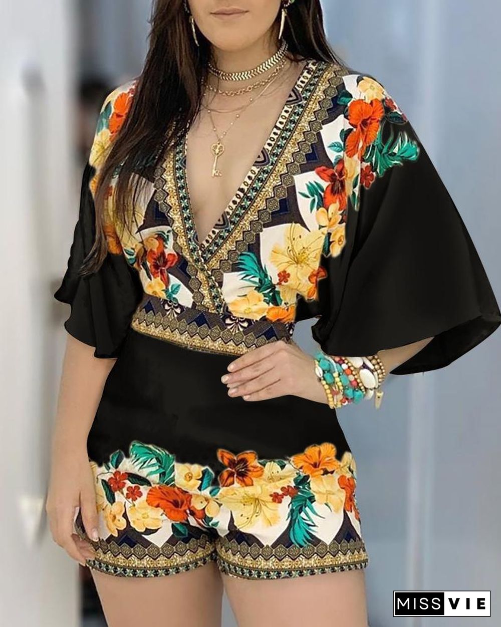 Deep V Neck Floral Half Sleeve Romper P11221