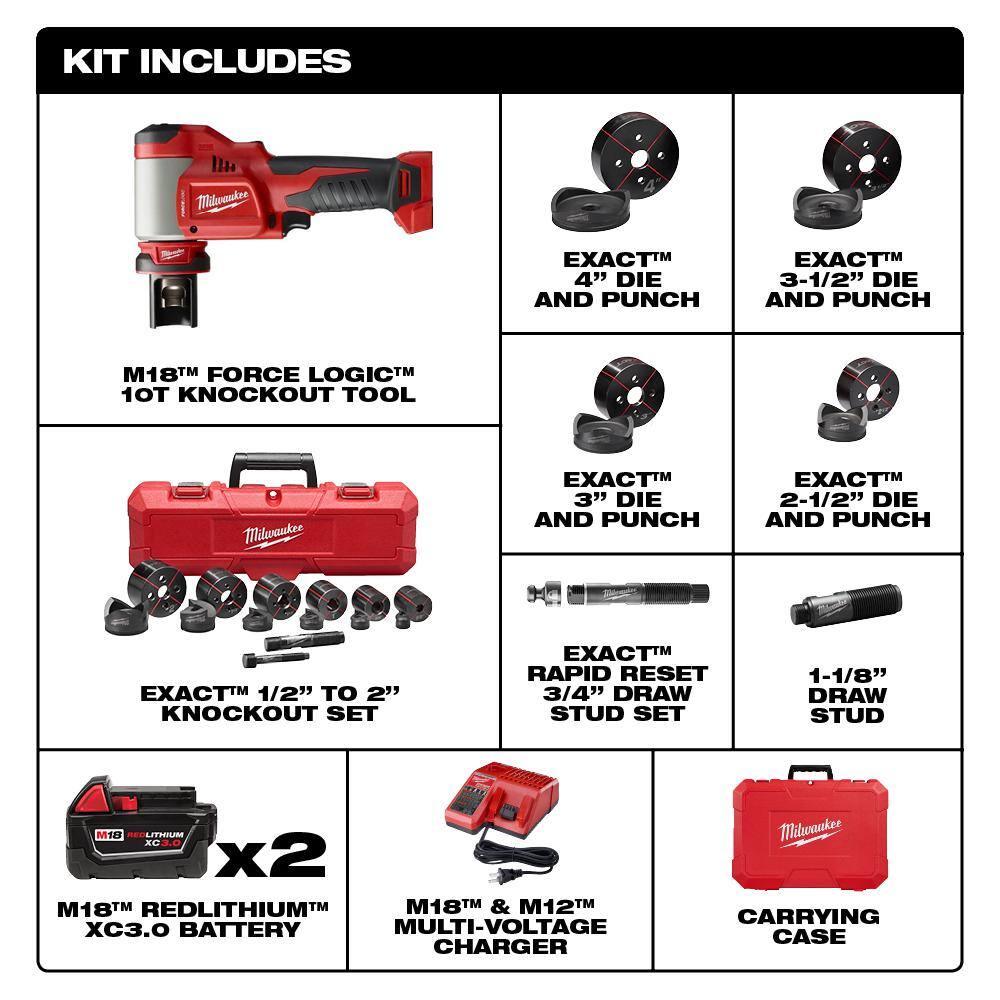 MW M18 18V Lithium-Ion 12 in. to 4 in. Force Logic High Capacity Cordless Knockout Tool Kit with Die Set and Draw Stud 2676-23-49-16-2704