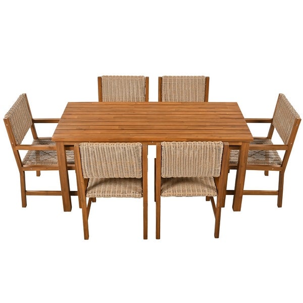 Wood And Rattan Outdoor Dining Table And Chairs For 6 People -  - 37506563