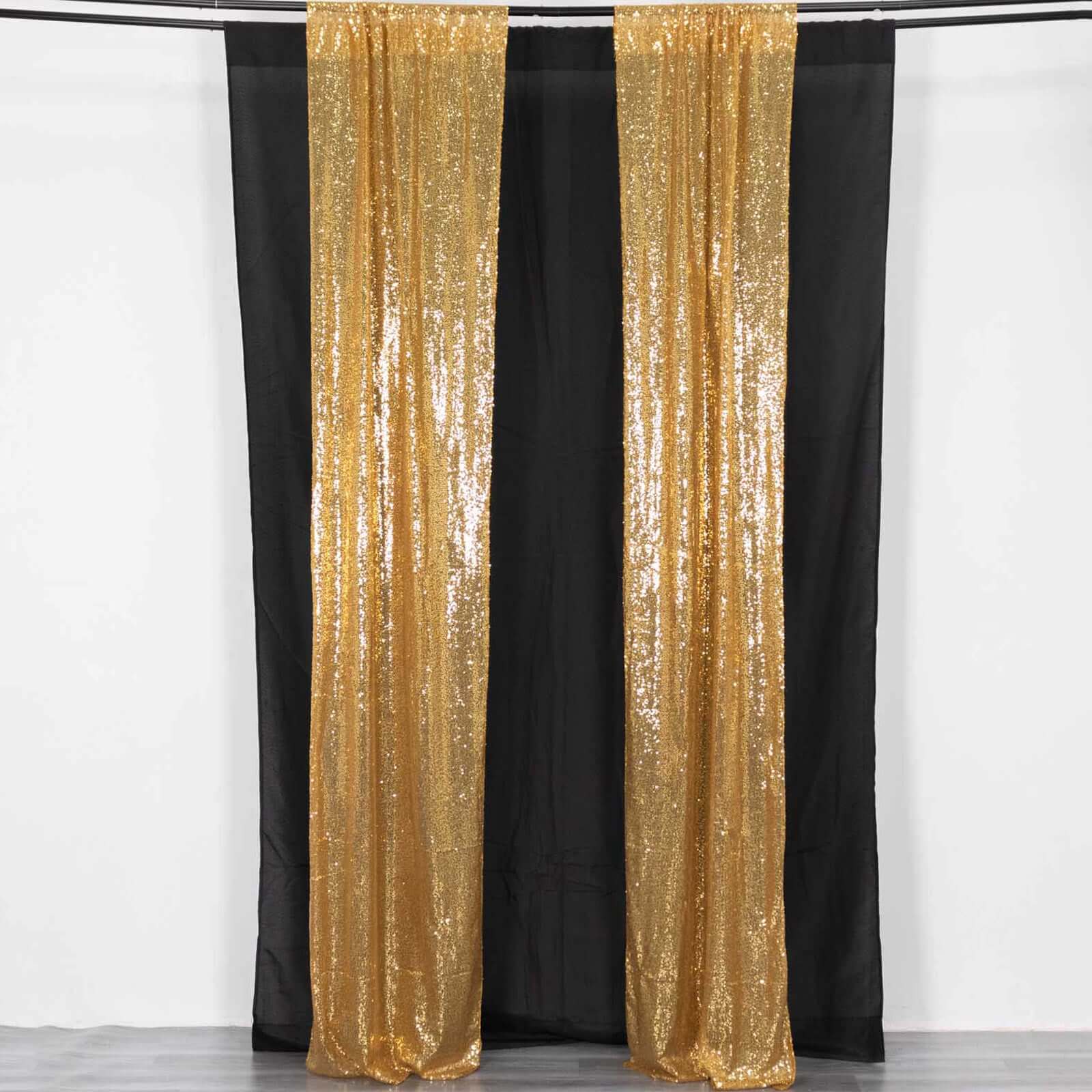 2 Pack Gold Sequin Backdrop Drape Curtains with Rod Pockets, Seamless Glitter Mesh Photo Booth Event Divider Panels - 8ftx2ft