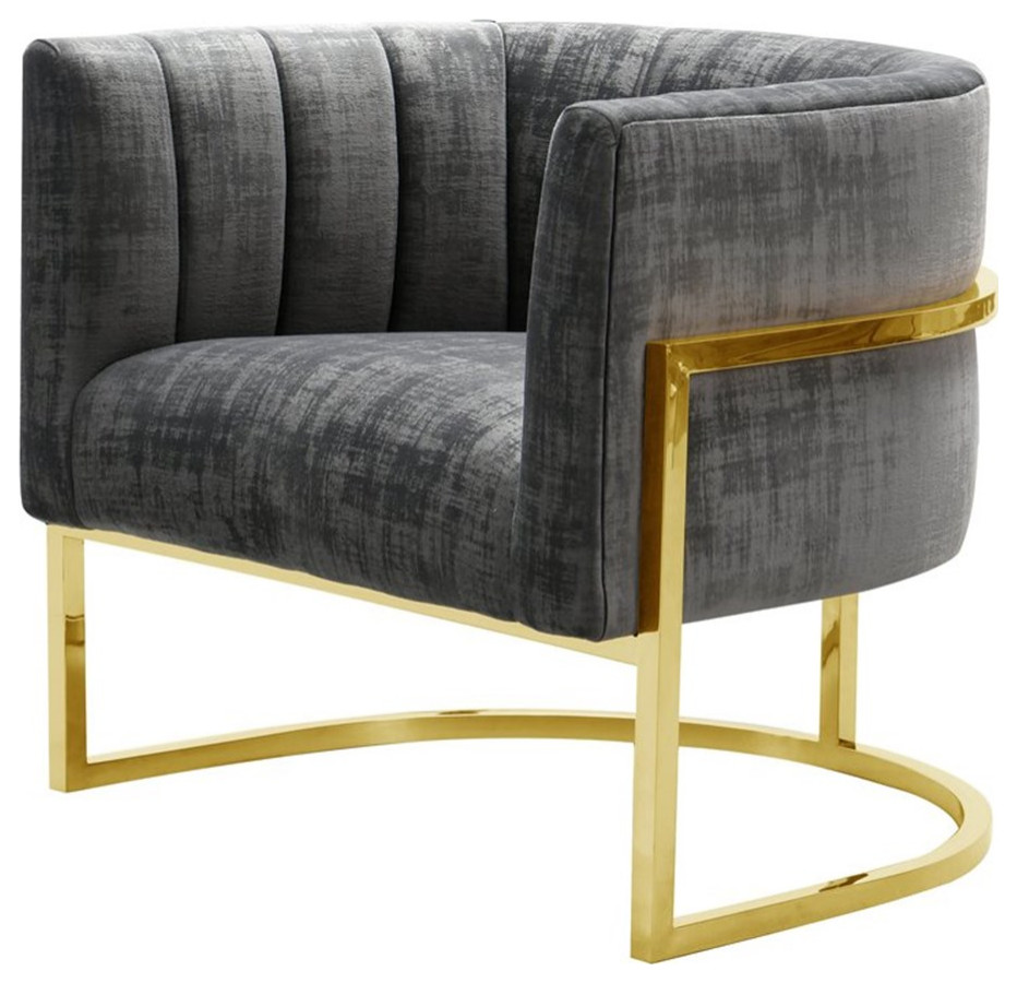 TOV Furniture Magnolia 16.5 quotVelvet Accent Chair in Slub Gray/Gold   Contemporary   Armchairs And Accent Chairs   by Homesquare  Houzz