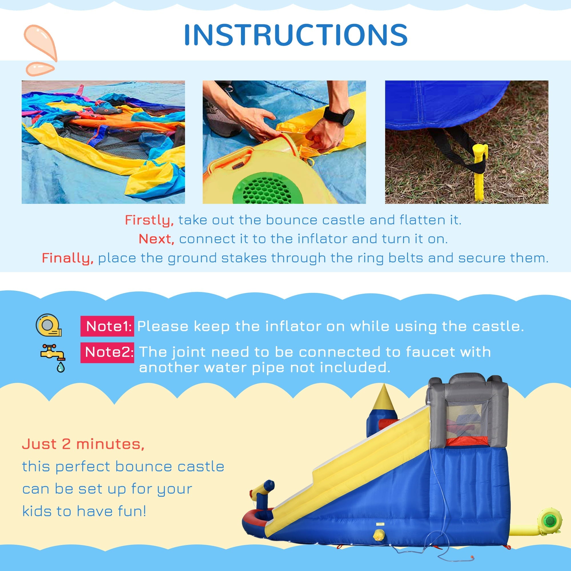 Outsunny 6-in-1 Inflatable Water Slide, Kids Castle Bounce House with Slide, Trampoline, Basket Hoop, Pool, Cannon, Climbing Wall Includes Carry Bag, Repair Patches, Basketball, 680W Air Blower