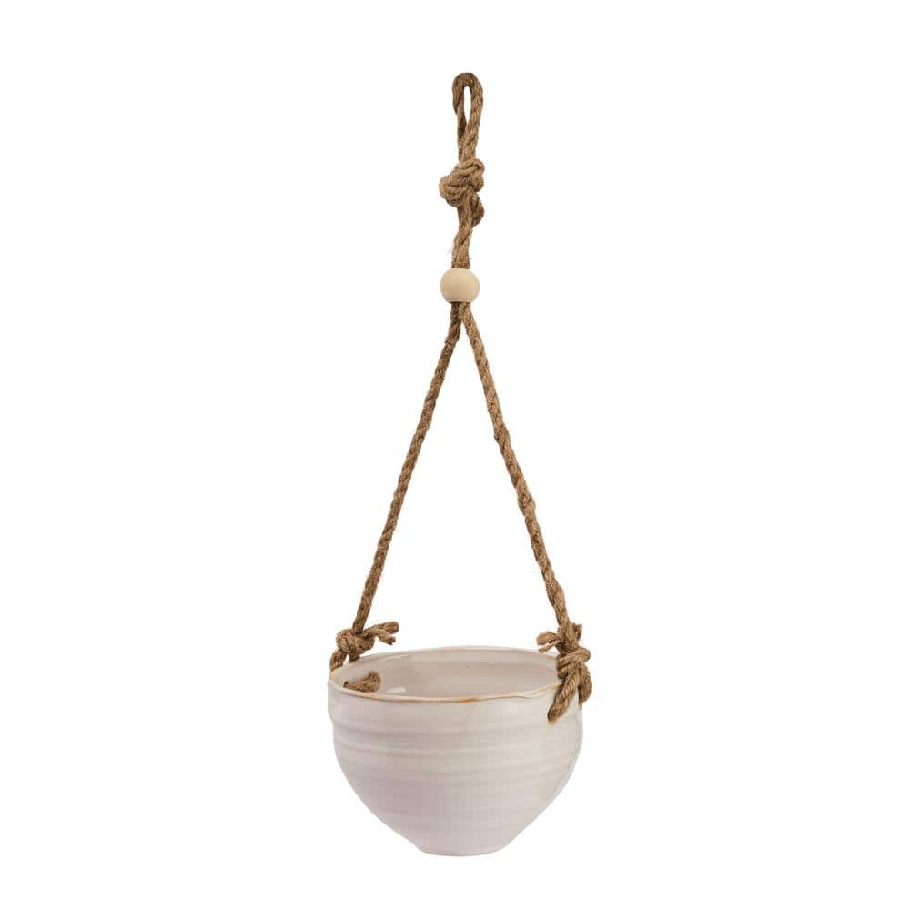 Storied Home White Ceramic Round Hanging Baskets with Wood Beaded Rope AH2816