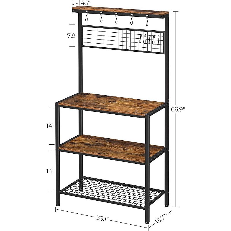 3-shelf Black Metal Rustic Brown Wood Kitchen Baker's Rack Microwave Stand