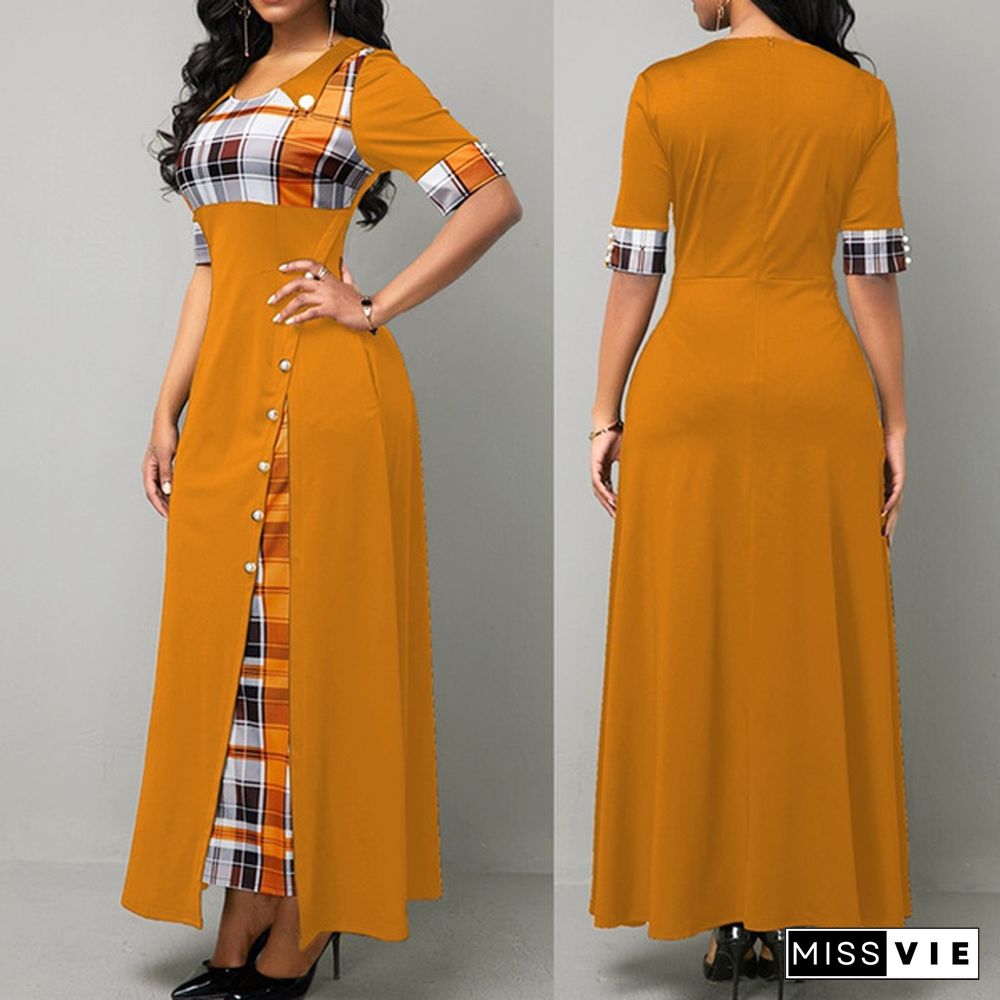 New Women Short Sleeve Plaid Print Elegant Dress Comfy Round Neck High Waist Long Skirt Retro Button Design Maxi Dress Daily Casual Dress Plus Size