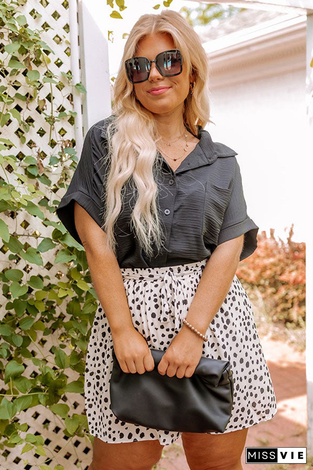 Black Plus Size Crinkle Textured Short Sleeve Shirt