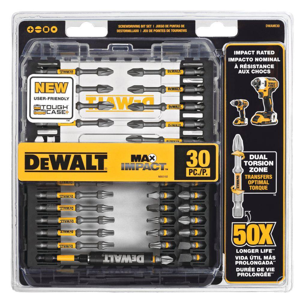 DW ATOMIC 20V MAX Cordless Brushless Compact 14 in. Impact Driver and MAX IMPACT Screwdriving Set (30-Piece) DCF809BWMI30