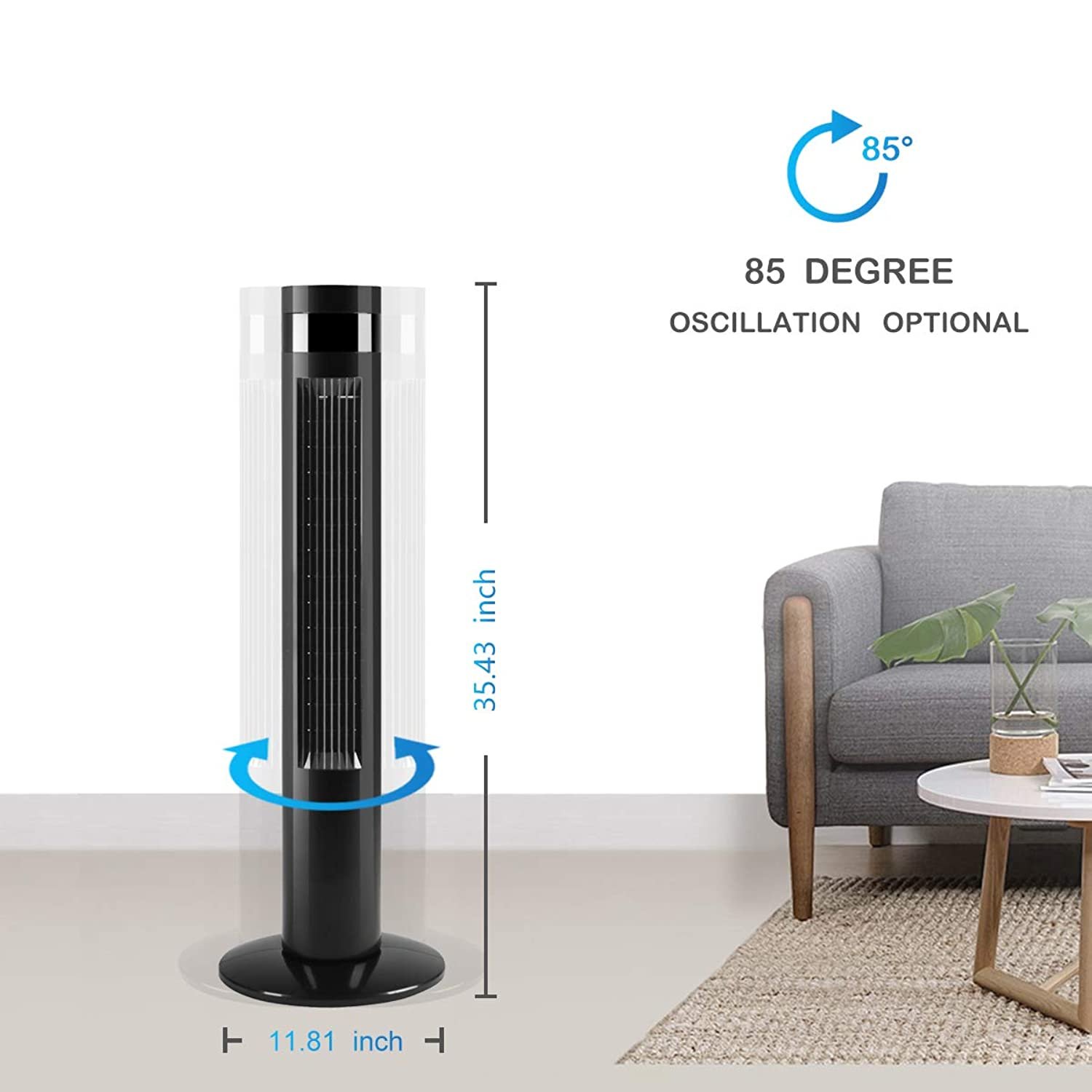 Tower Fan， Oscillation Fan With Remote Control， Standing Fan For Office， 3 Wind Modes，Time Setting