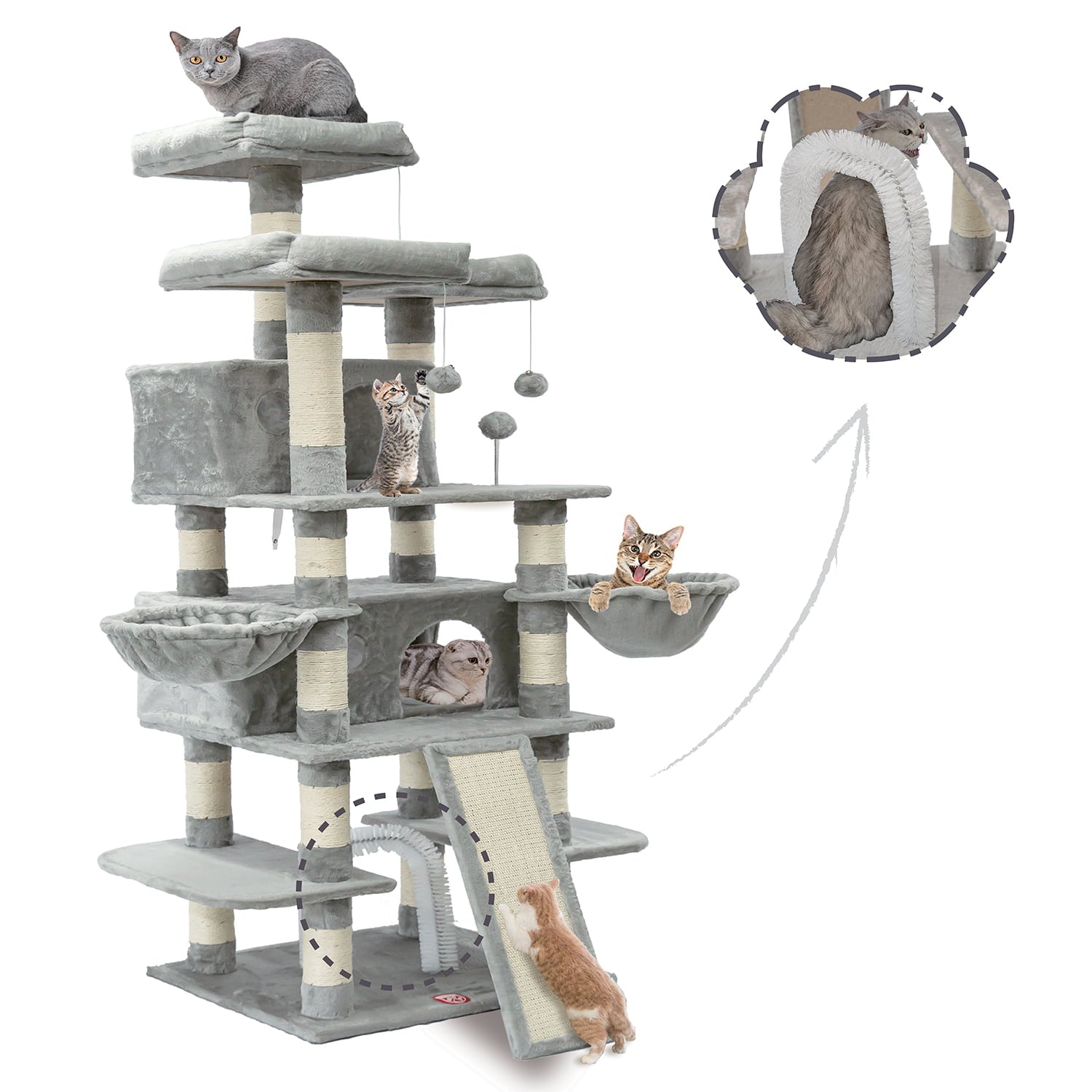 68 Inches Multi-Level Cat Tree Large,Big Cat Tower with Sisal Scratching Posts,Grooming Arch,Cozy Plush Cat Perches and Hammocks,Cat Activity Center Cat Condo Play House(Gray)