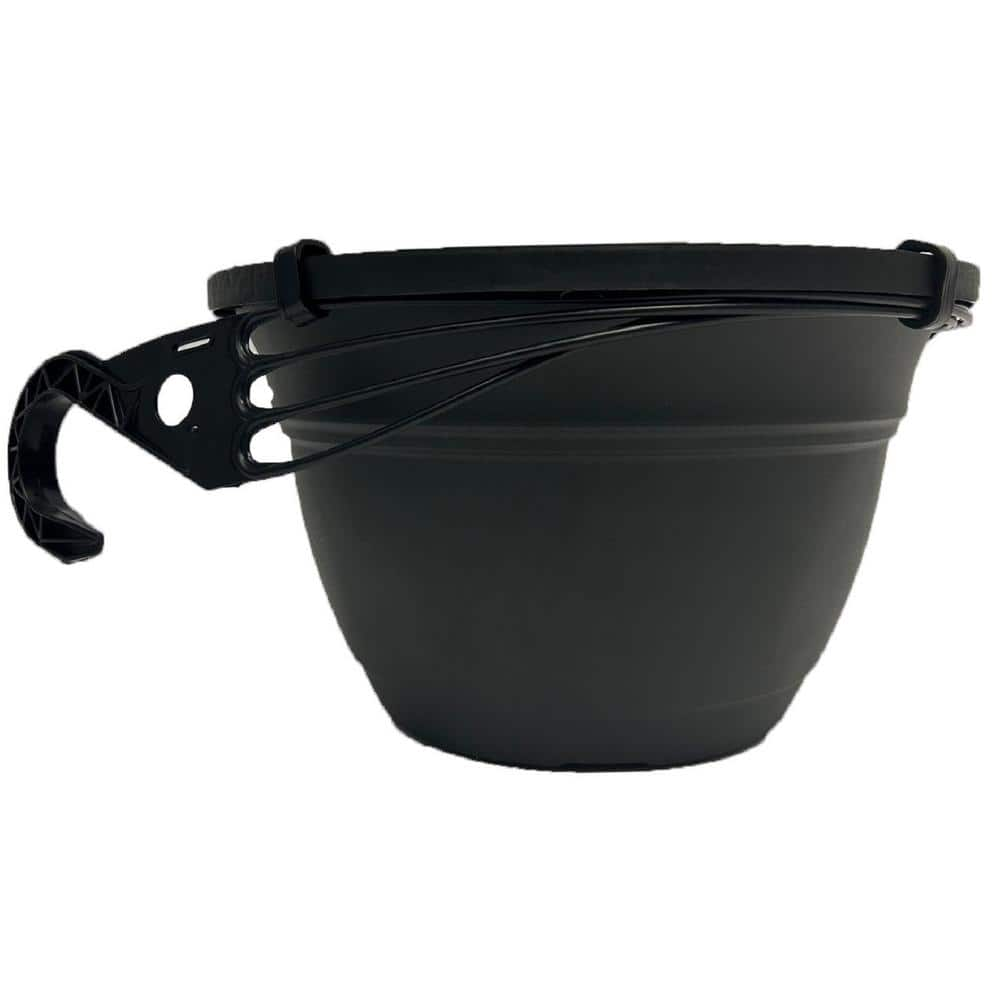 Vigoro 12 in. Mirabelle Black Plastic Hanging Basket Planter (12 in. D x 7.2 in. H) With Drainage Hole and Attached Saucer ECH12005G18