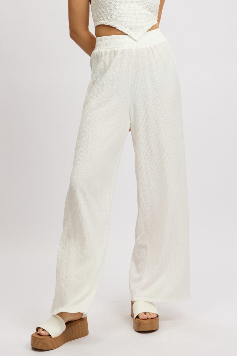 White Wide Leg Pants High Rise Textured Fabric