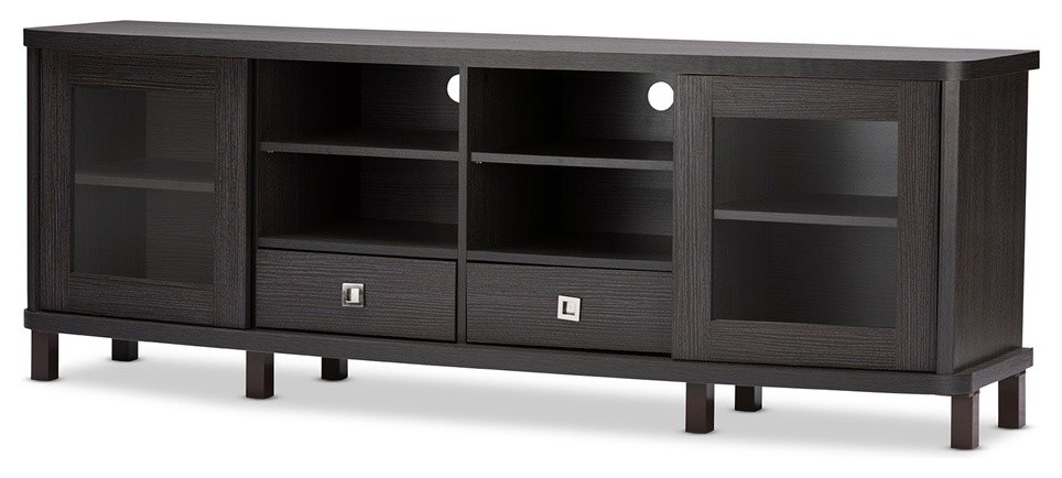 Dark Brown Wood TV Cabinet With 2 Sliding Doors and 2 Drawers   Transitional   Entertainment Centers And Tv Stands   by Imtinanz  LLC  Houzz