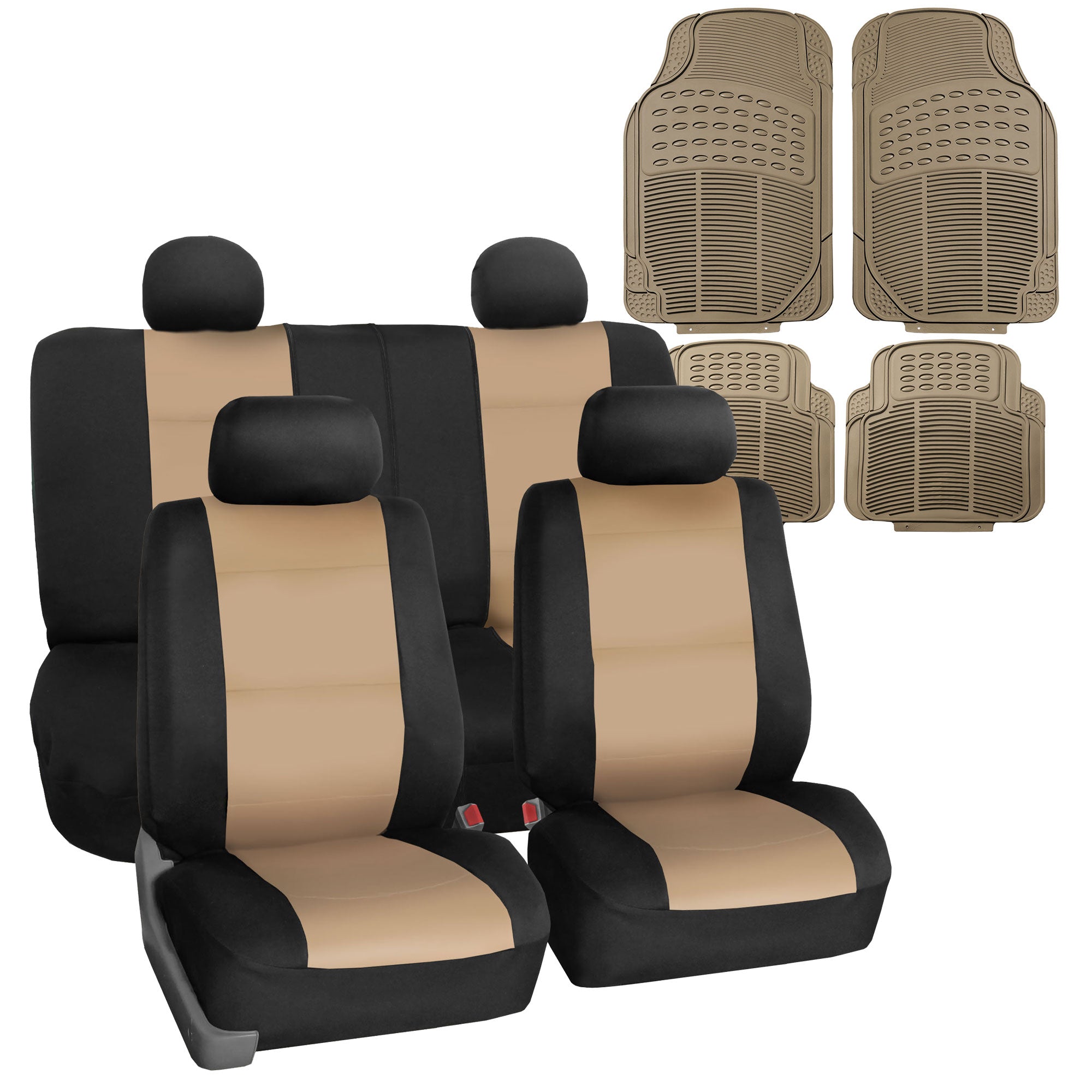 FH Group Universal Auto Seat Covers Neoprene Beige w/ Beige  Floor Mats