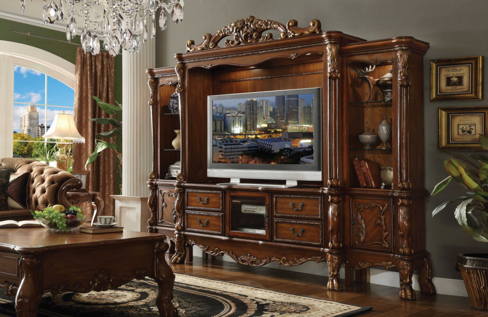 19 quotX 79 quotX 31 quotCherry Oak Wood Poly Resin Glass Tv Console   Victorian   Entertainment Centers And Tv Stands   by HomeRoots  Houzz