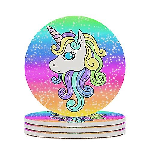 Round Drink Coasters 2 Pcs Unicorn In Pastel Sky With Rainbow Absorbent Ceramic Coaster With Cork Base For Coffee Cups Housewarming Gift For Home Deco