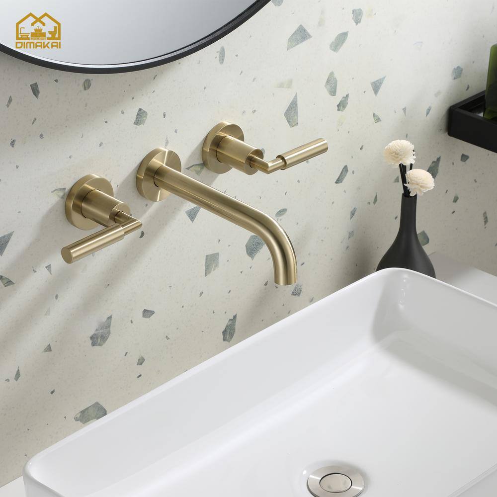 Hlihome 3-Hole Two-Handles Brass Wall-Mount Bathroom Faucet in Brushed Gold DK-9001-BG