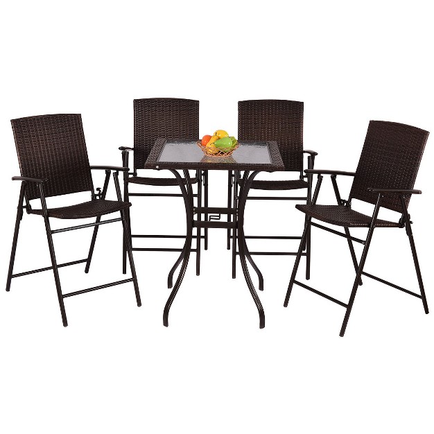 Costway 5pcs Rattan Patio Furniture Set 4 Bar Stool Folding Chair Bar Table W glass Top