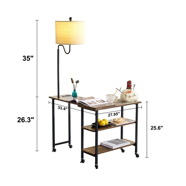 L-shaped Computer Desk with Wheels， Floor Lamp， Shelves，Side Table