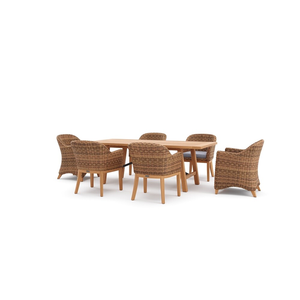 Winston Truss 7 Piece Natural Teak with Vintage Earth Weave Captain's Chair  Side Chair and Teak Dining Table Dining Set