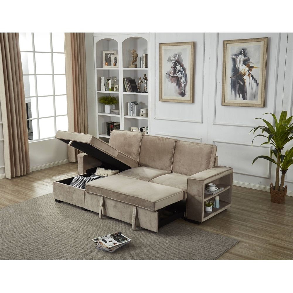 Velvet Sectional Sofa Reversible Chaise with Pull out Sleeper