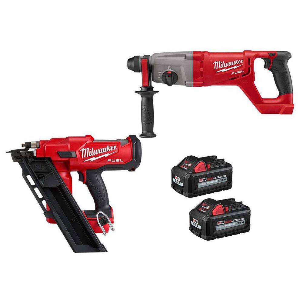 MW M18 FUEL 3-12 in. 18-Volt 30-Degree Lithium-Ion Brushless Cordless Nailer w1 in. SDSPlus Hammer Two 6Ah HO Batteries 2745-20-2713-20-48-11-1862