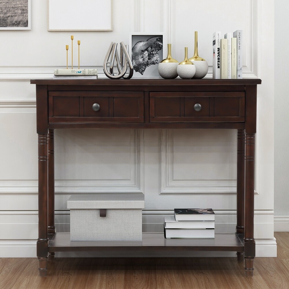 Espresso Wood 2 Drawers Console End Table with Bottom Shelf