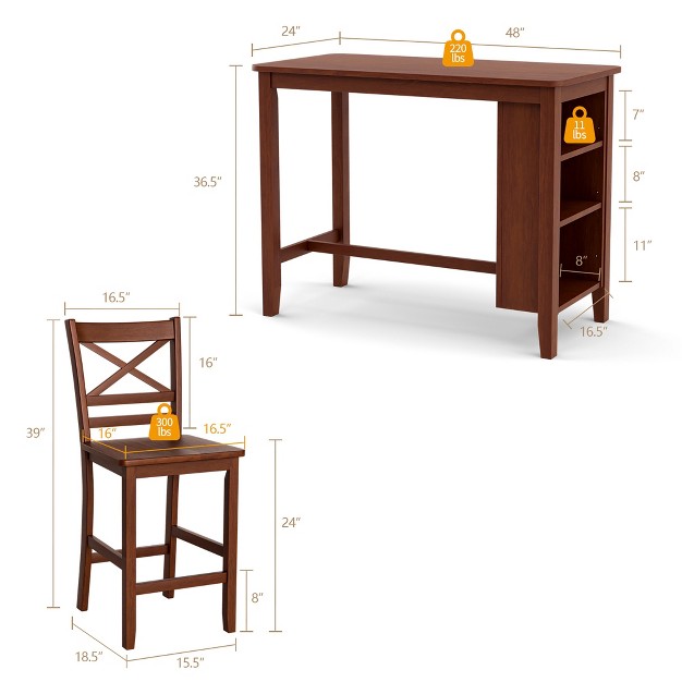 Homesessentials 3pcs Counter Height Pub Dining Table Set W Storage Shelves amp 2 Bar Chairs