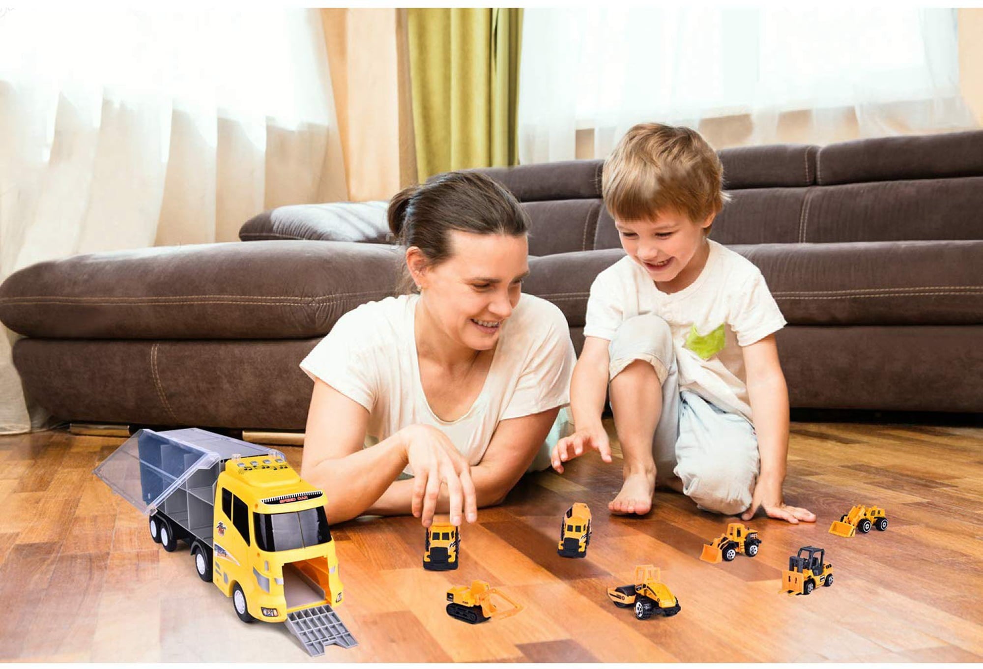 Fun Little Toys  12 in 1 Construction Trucks Toy Cars for Toddlers， Mini Cars in Carrier Truck Car Carrier Toy with Light and Sound