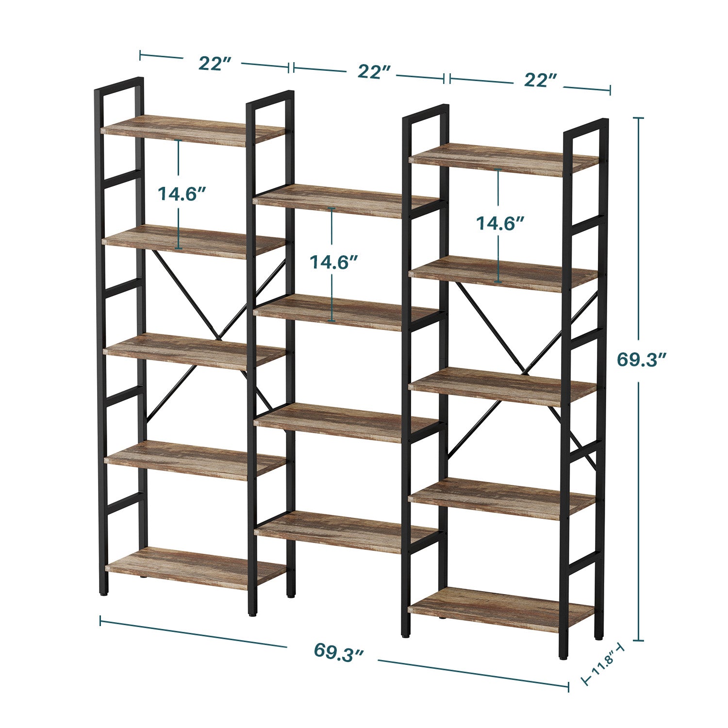 Large Etagere Bookcases Bookshelves 3 Wide 5 Tiers Industrial Bookshelf Open Display Shelves