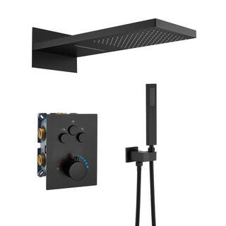 Mondawe 3-Spray Patterns Thermostatic Bathroom Showers 22 in. Wall Mount Rainfall Dual Shower Heads in Matte Black WF6648-22BL