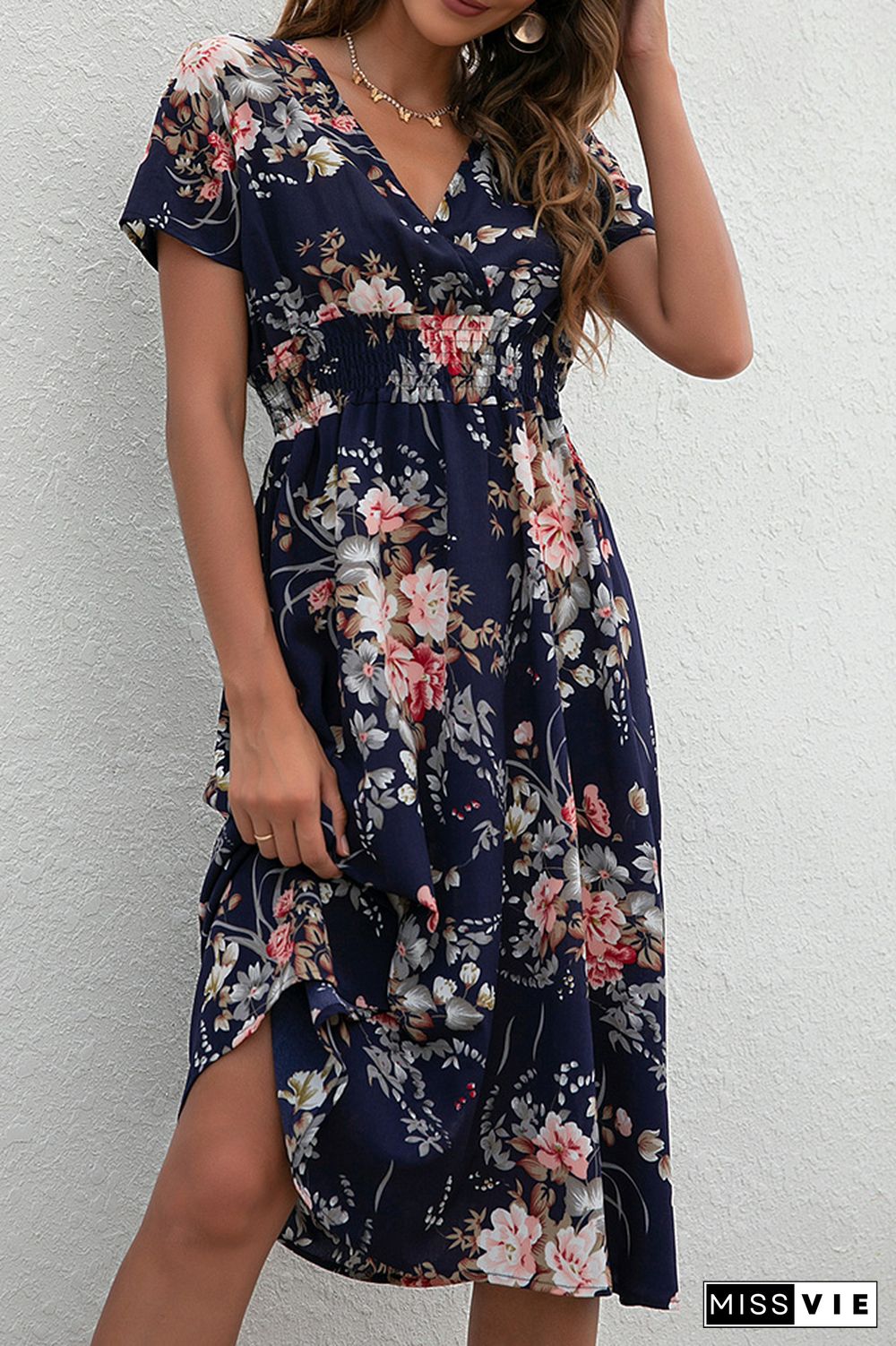 V Neck Smocked Waist Midi Floral Dress