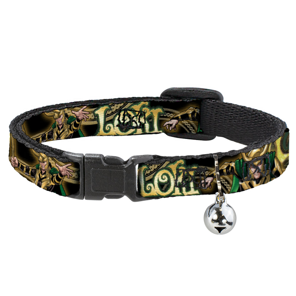 Marvel Comics Cat Collar， Breakaway Collar with Bell， Loki Poses Black Gold Green， 8.5 to 12 Inches 0.5 Inch Wide