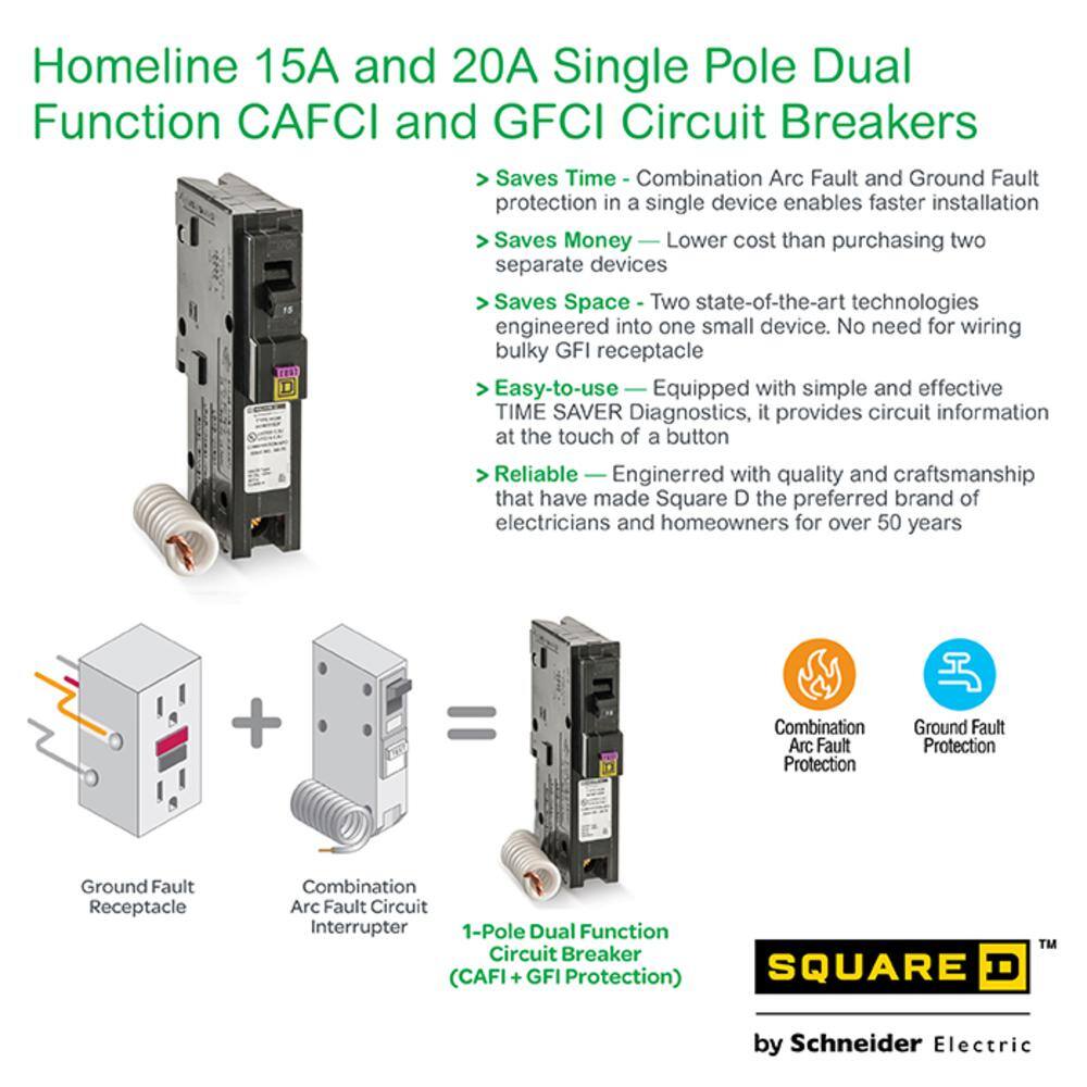 Square D Homeline 15 Amp Single-Pole Dual Function (CAFCI and GFCI) Circuit Breaker HOM115DFC