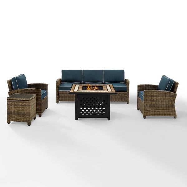 Crosley Bradenton 5Piece Outdoor Wicker Sofa Conversation Set With Navy Cushions