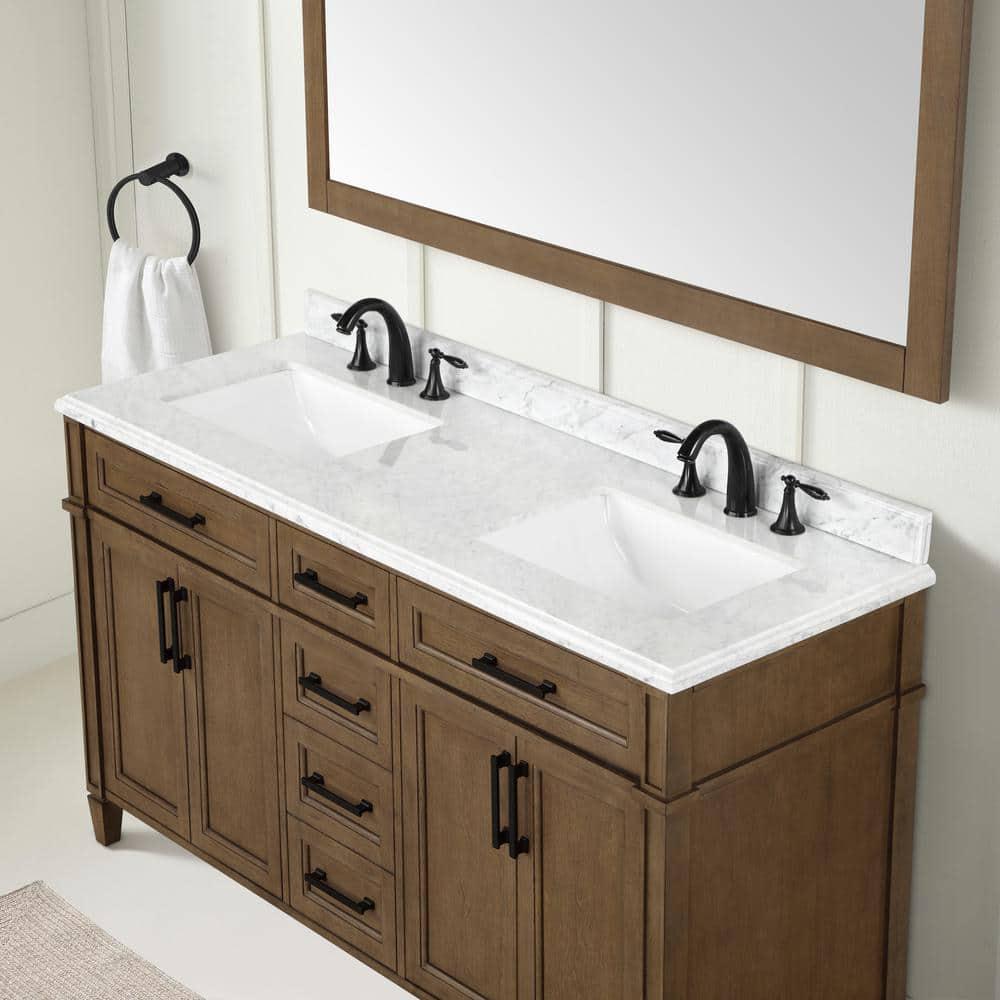 Home Decorators Collection Caville 60 in W x 22 in D x 3450 in H Bath Vanity in Almond Latte with Carrara Marble Top