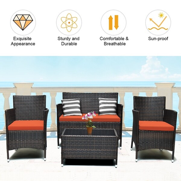 Costway 4PCS Rattan Patio Furniture Set Cushioned Sofa Chair Coffee