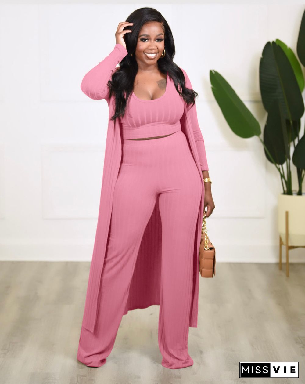 Cardigan Coat Loose Straight Pants Crop Top 3 Piece Set