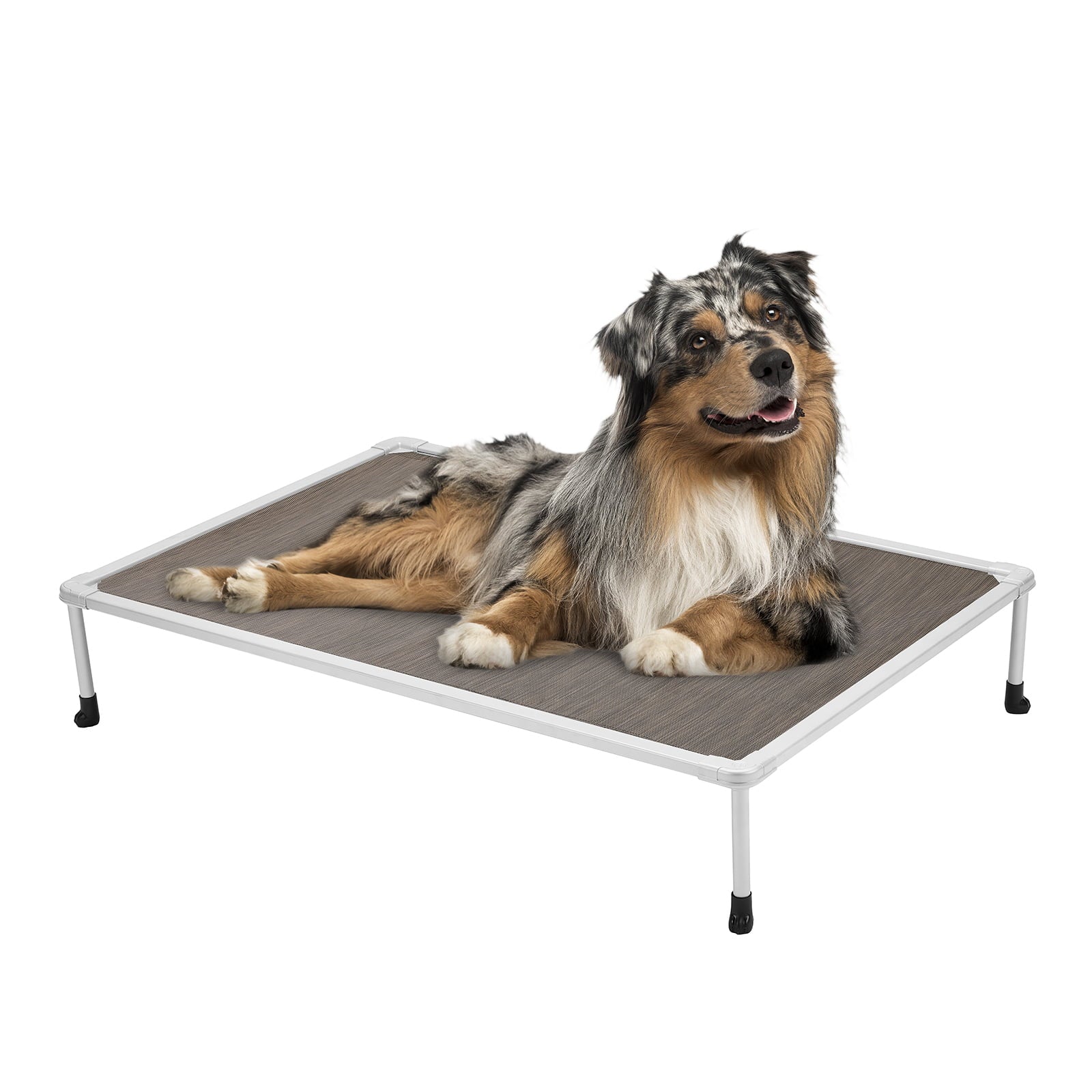 Veehoo Chewproof Dog Bed， Cooling Raised Dog Cots with Silver Metal Frame， Medium， Brown