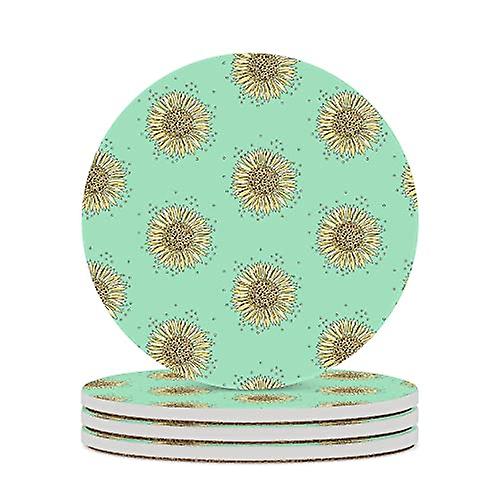 Round Drink Coasters 6 Pcs Mint Sunflower Absorbent Ceramic Coaster With Cork Base For Coffee Cups Housewarming Gift For Home Decor