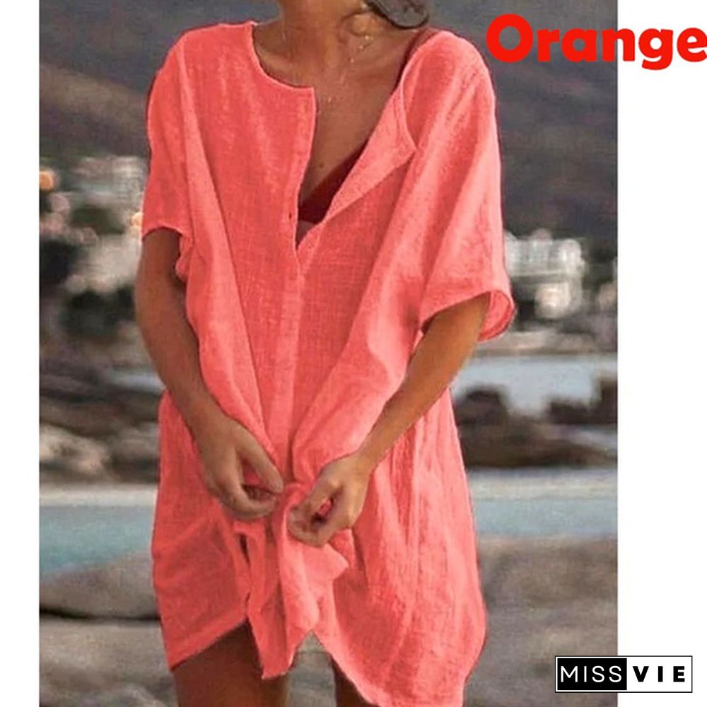 Fashion Summer Clothes Women's Casual Short Sleeve Dresses Beach Wear Robe Femme Swimwear Cover-up Linen Dress Loose Blouses Long T-shirt Deep V-neck Solid Color Swimsuit Cover-ups Dress Mini Party Dress