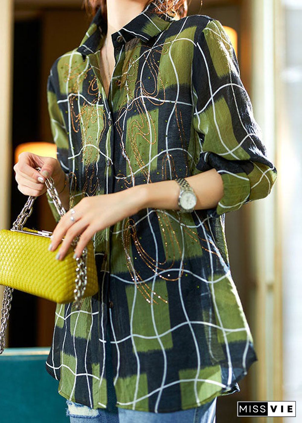 Women Green Plaid Zircon Patchwork Cotton Blouses Spring