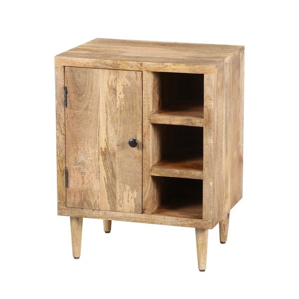 Transitional Mango Wood Side Table with Open Cubbies and Door Storage， Natural Brown